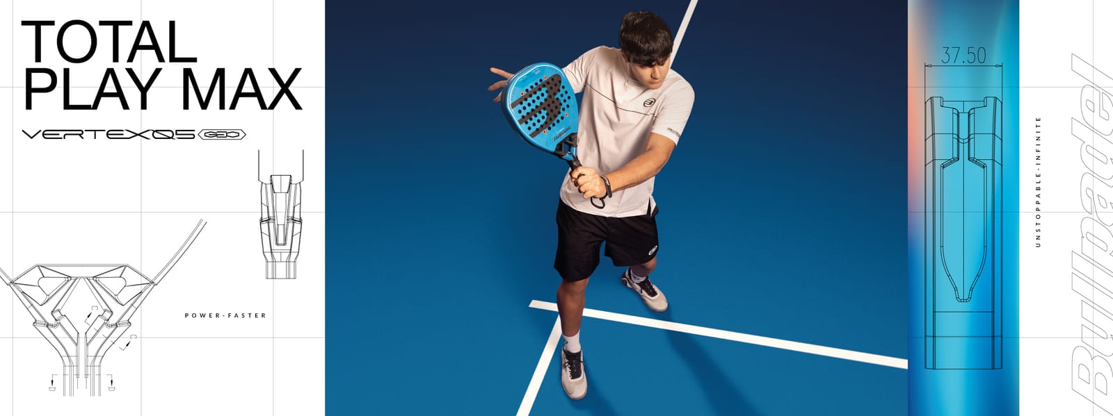 Bullpadel-Spieler mit Vertex 05 auf dem blauen Court
