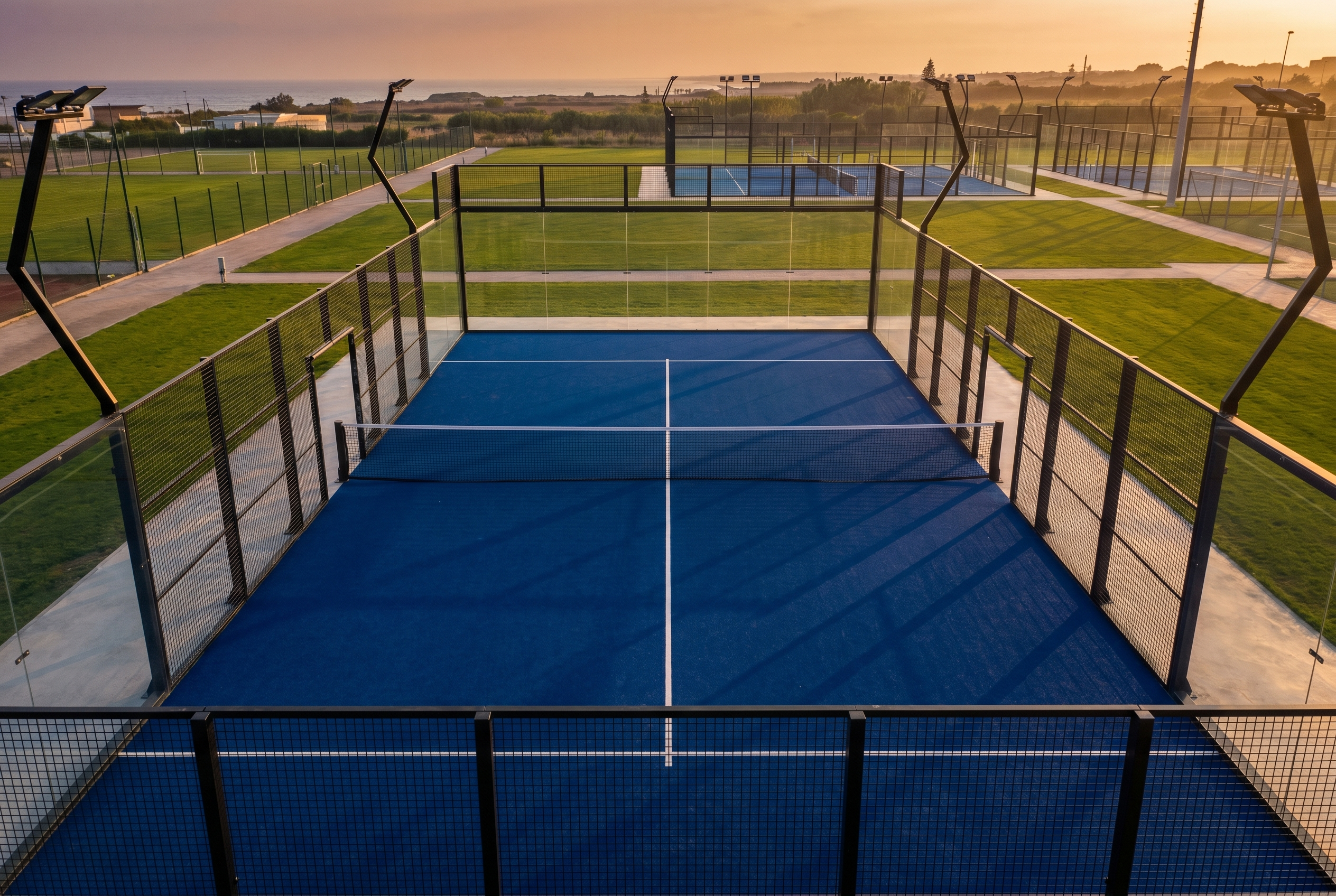 Moderner Padelcourt in der goldenen Stunde mit blauer Court-Oberfläche und Glaswänden