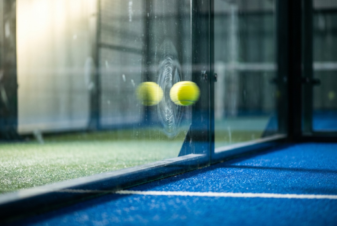 Gelber Padelball trifft die Glaswand des Padelcourts – Ballwechsel über die Wand