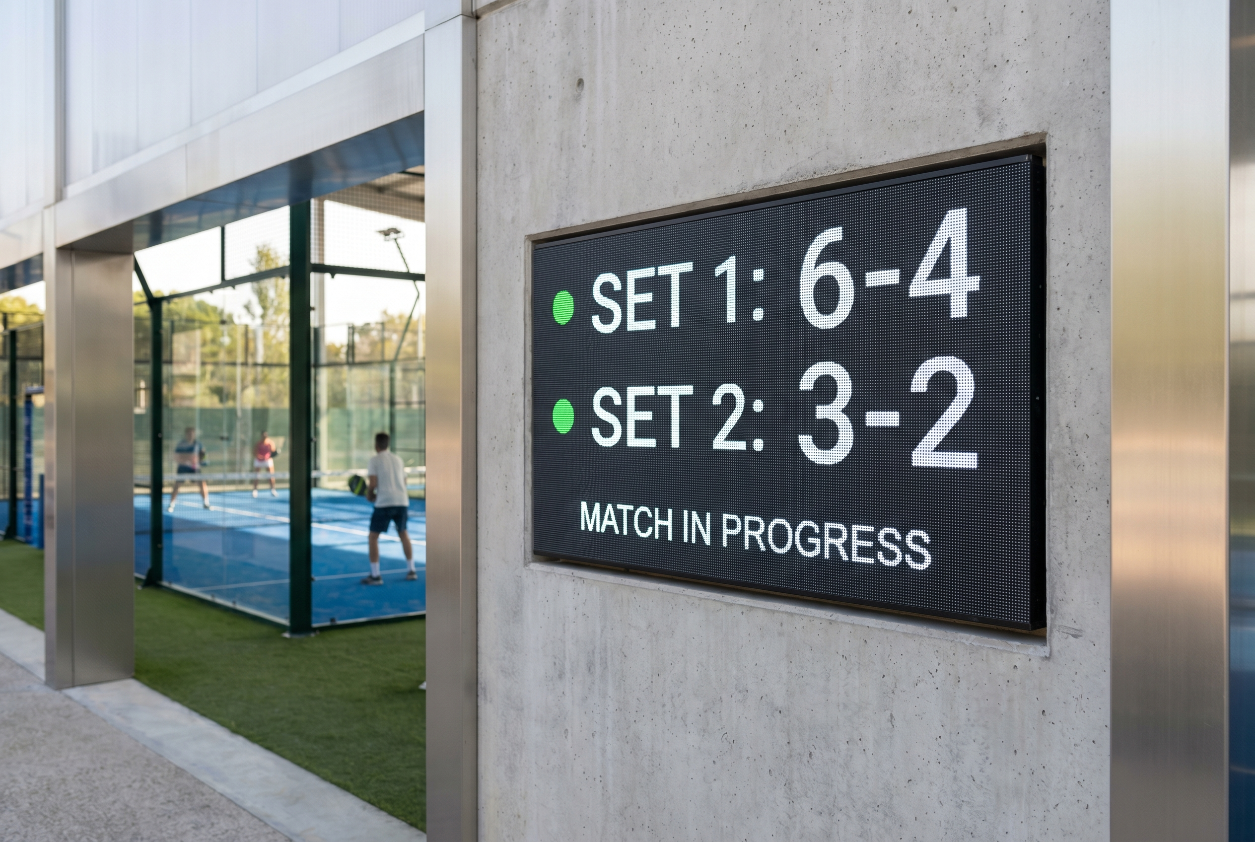 Digitale Scoreboard-Anzeige neben einem Padelcourt mit Spielstand