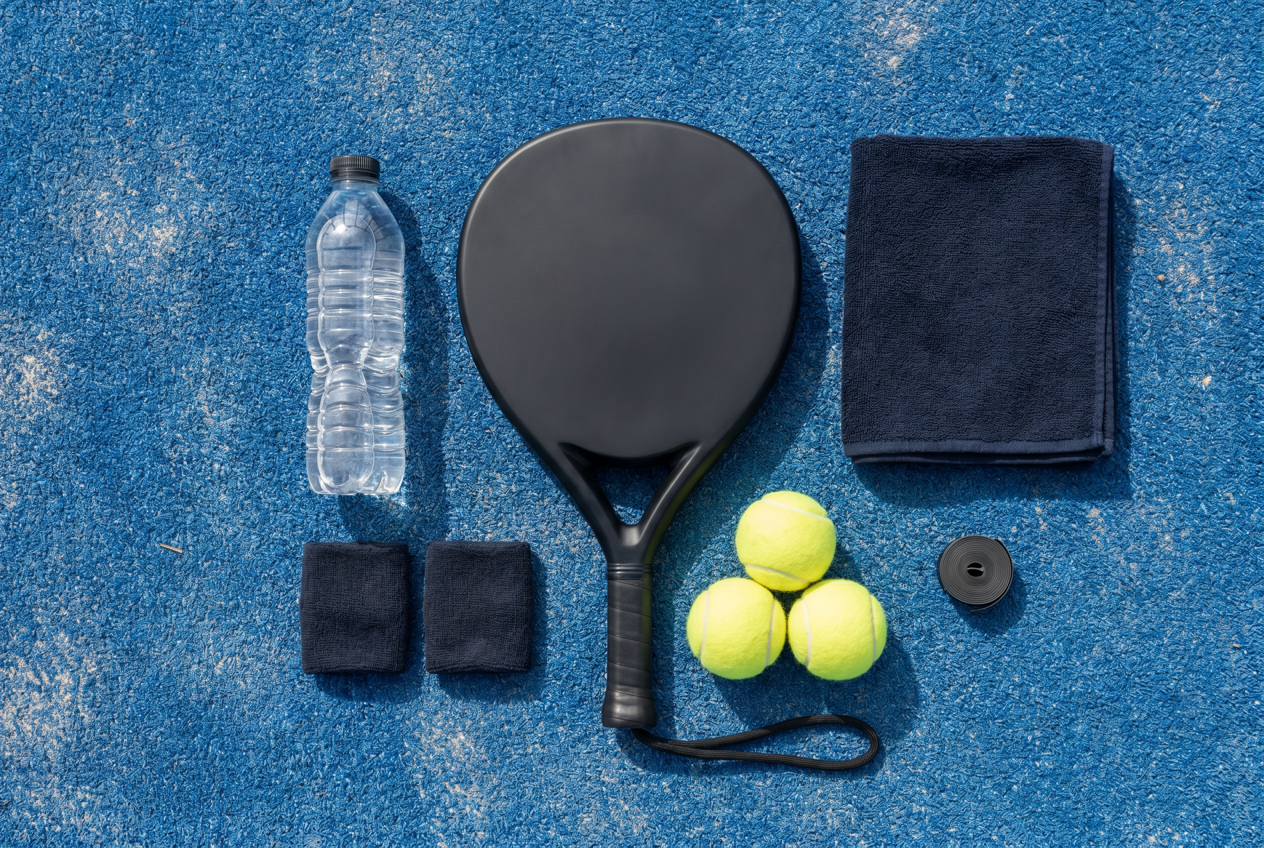 Komplette Padel-Ausrüstung Flat Lay – Schläger, Bälle, Zubehör