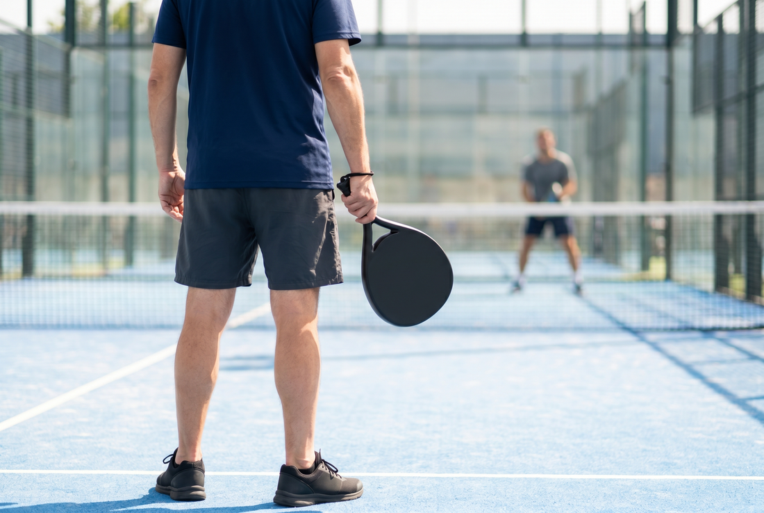 Einsteiger-Padelspieler mit Schläger auf dem Court