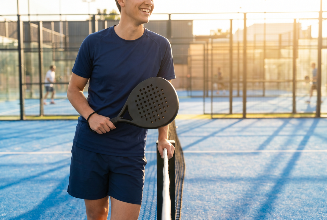 Anfänger-Padelspieler mit Schläger im goldenen Sonnenlicht
