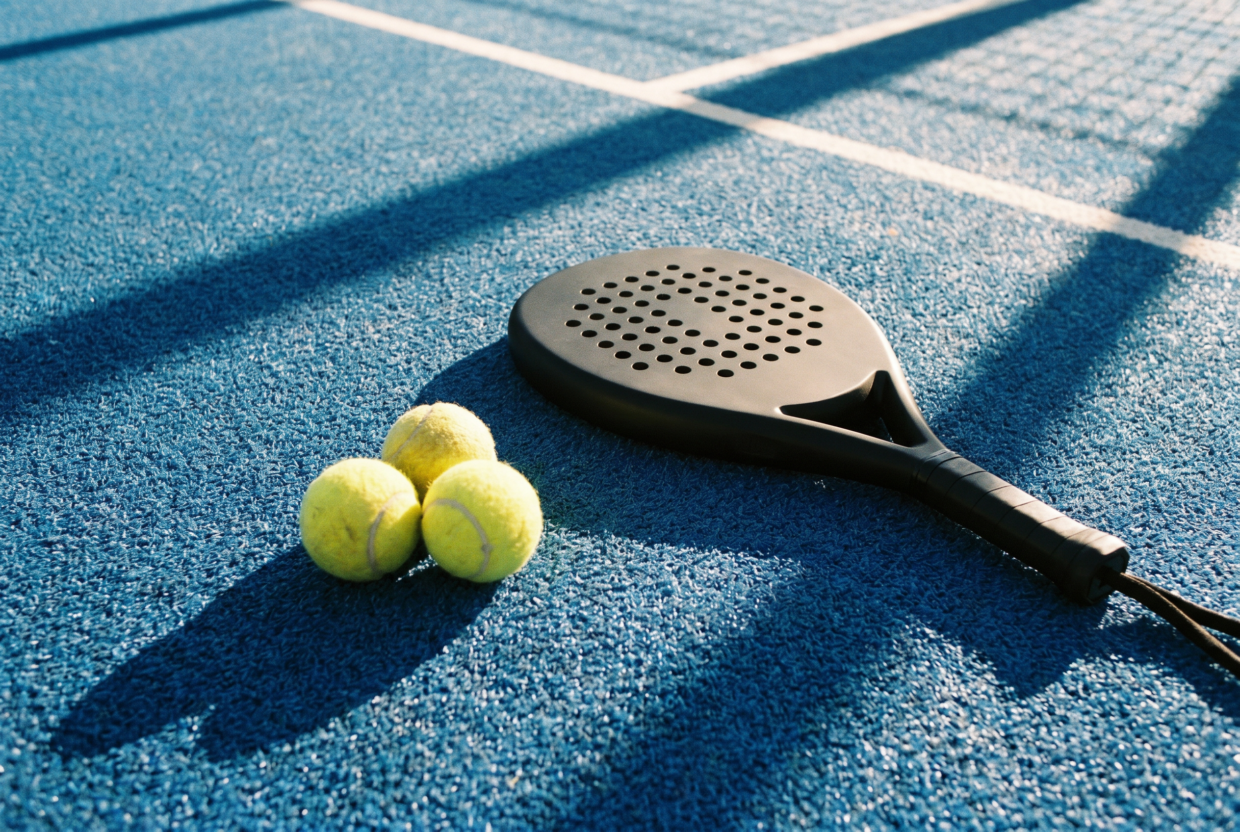 Padel-Schläger mit drei Bällen auf blauem Court – ideale Anfänger-Ausstattung