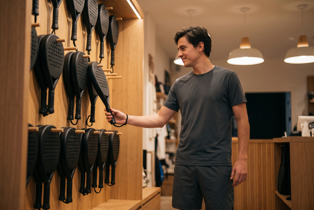Anfänger wählt einen Padel-Schläger aus dem Display – einsteigerfreundlich