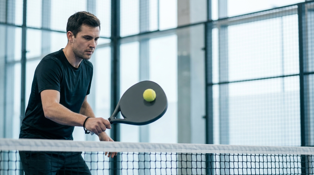 Padelspieler kontrolliert einen Volley am Netz