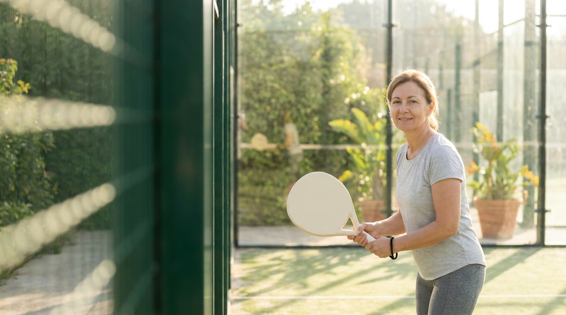 Freundlicher Einsteiger mit Padelschläger auf dem Court