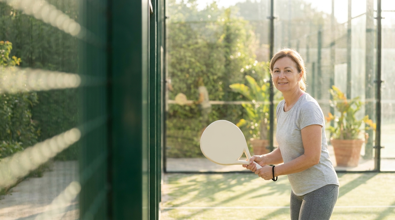 Freundlicher Einsteiger mit Padelschläger auf dem Court