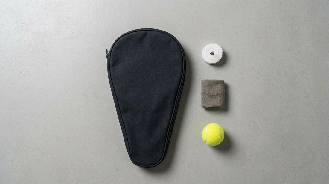 Padel-Ausrüstung mit Tasche, Griffband und Ball von oben