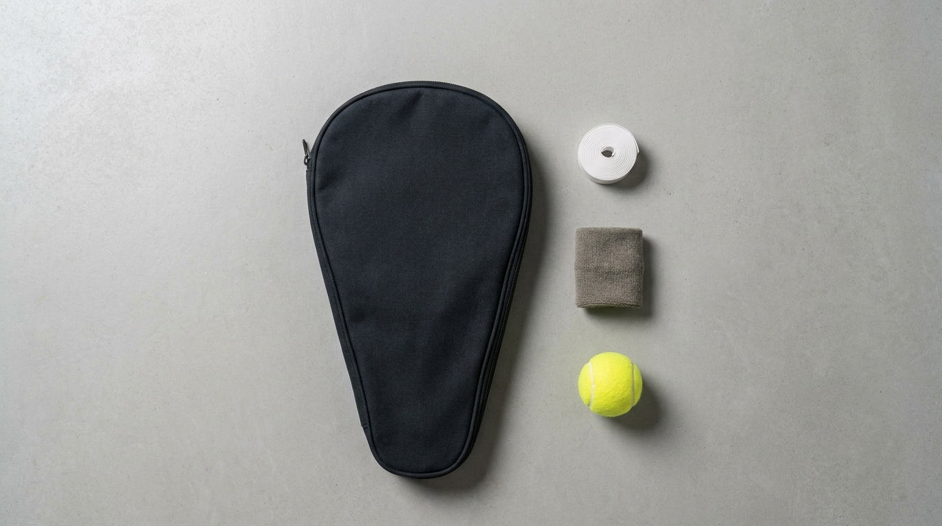 Padel-Ausrüstung mit Tasche, Griffband und Ball von oben