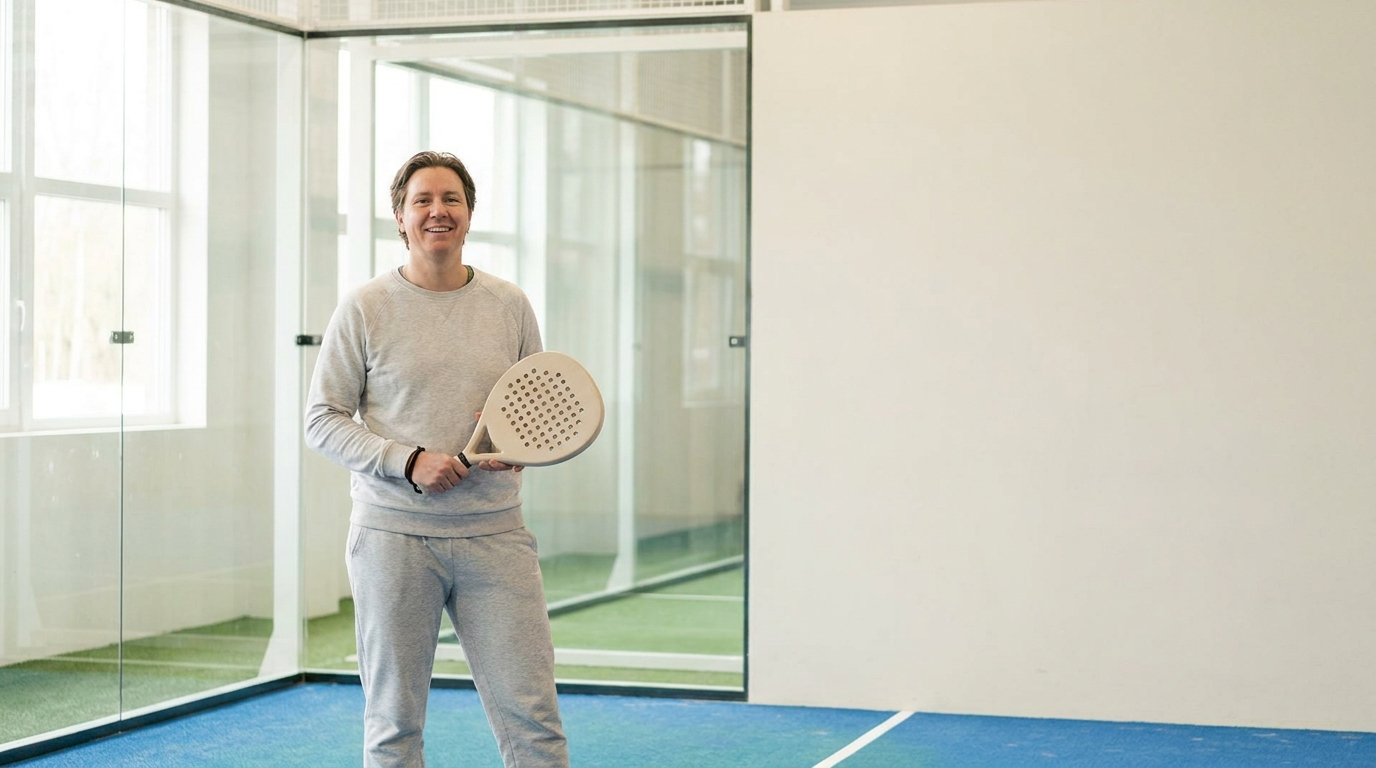 Lächelnder Einsteiger mit Padelschläger auf dem Court