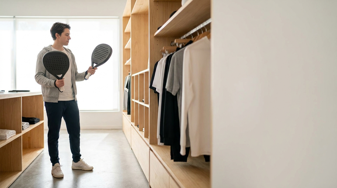 Person vergleicht zwei Padelschläger im Shop