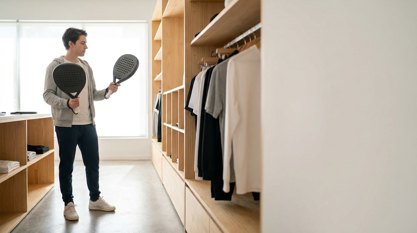 Person vergleicht zwei Padelschläger im Shop