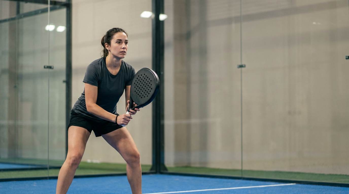 Allround-Padelspieler in ausgewogener Bereitschaftshaltung