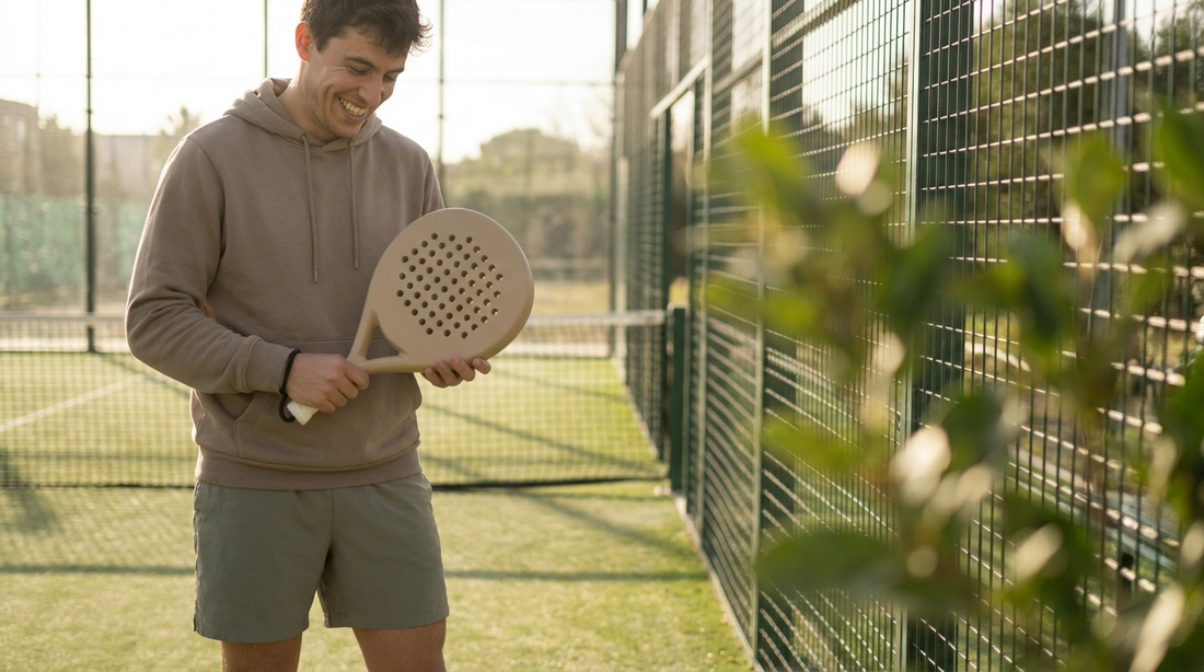 Person mit ihrem ersten neuen Padelschläger auf dem Court