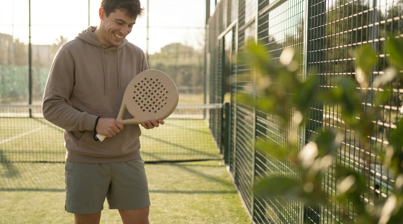 Person mit ihrem ersten neuen Padelschläger auf dem Court