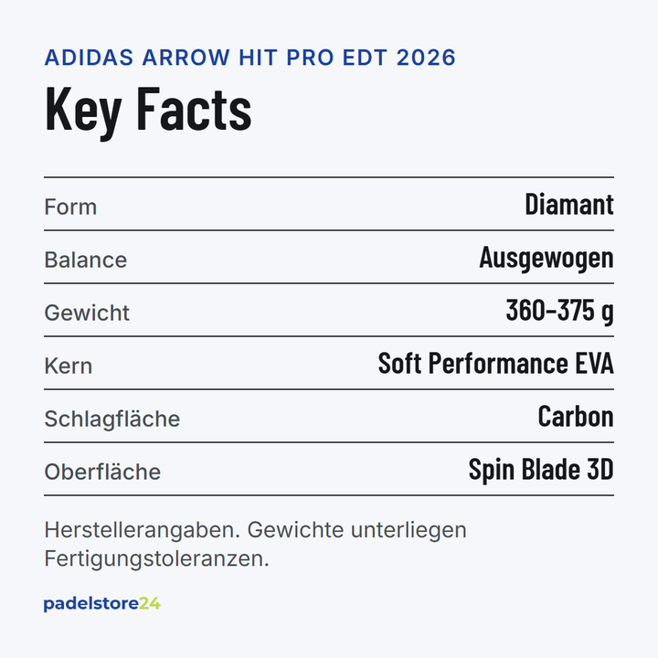 Adidas Arrow Hit Pro EDT 2026 – Schlägerform, Balance, Gewicht und Materialien