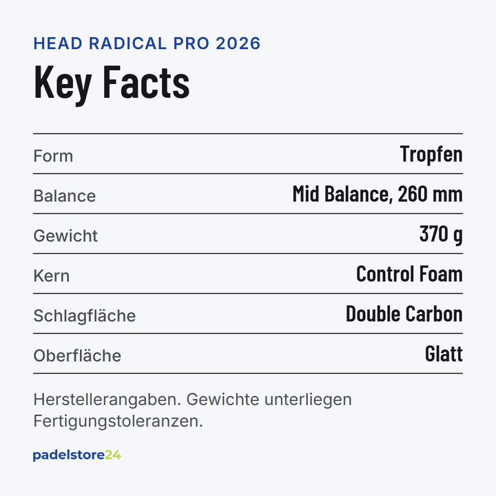 Head Radical Pro 2026 – Schlägerform, Balance, Gewicht und Materialien