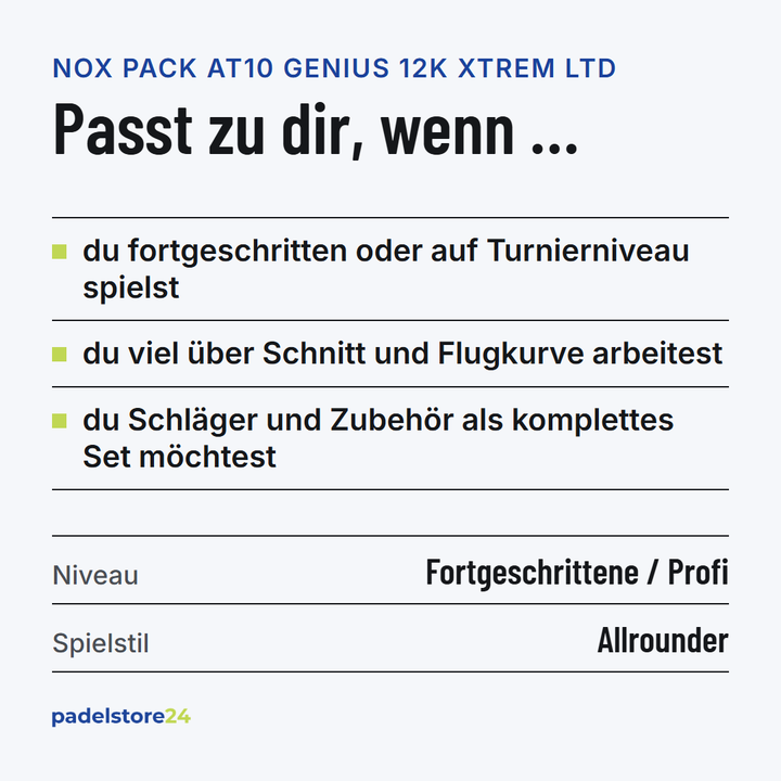 NOX Pack AT10 Genius 12K Xtrem Limited Edition 2026 by Agustín Tapia – Zielgruppe und Spielertyp