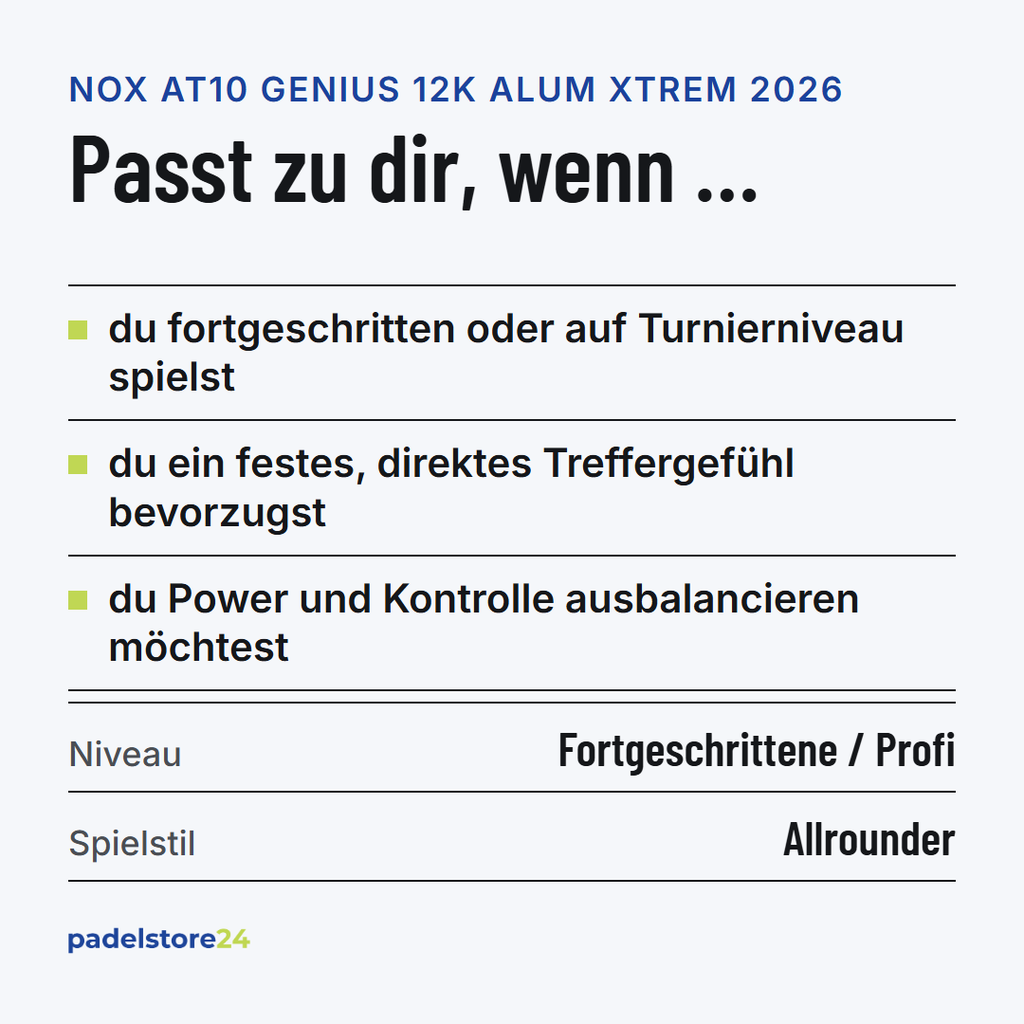 NOX AT10 Luxury Genius 12K Alum XTREM 2026 – Zielgruppe und Spielertyp