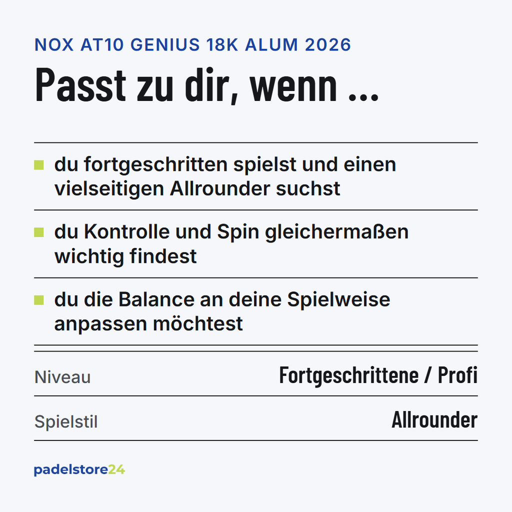 NOX AT10 Genius 18K Alum 2026 – Zielgruppe und Spielertyp