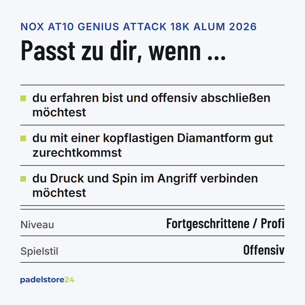 NOX AT10 Genius Attack 18K Alum 2026 – Zielgruppe und Spielertyp