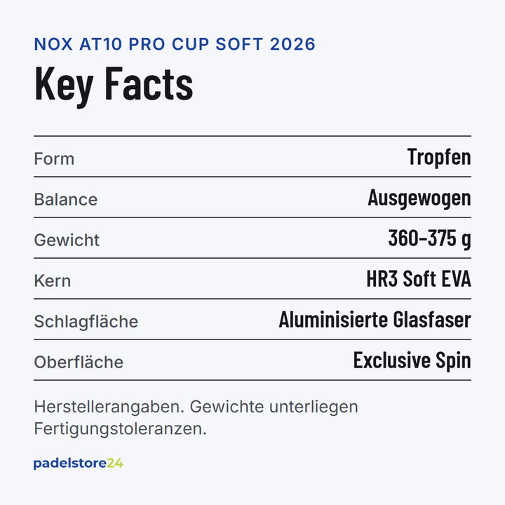 NOX AT10 Pro Cup Soft 2026 – Schlägerform, Balance, Gewicht und Materialien