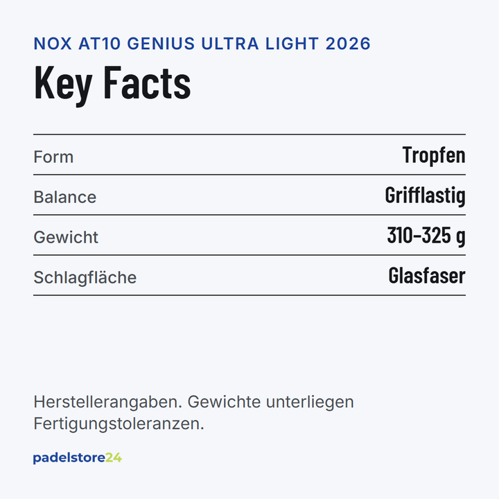 NOX AT10 Genius Ultra Light 2026 by Agustín Tapia – Schlägerform, Balance, Gewicht und Materialien
